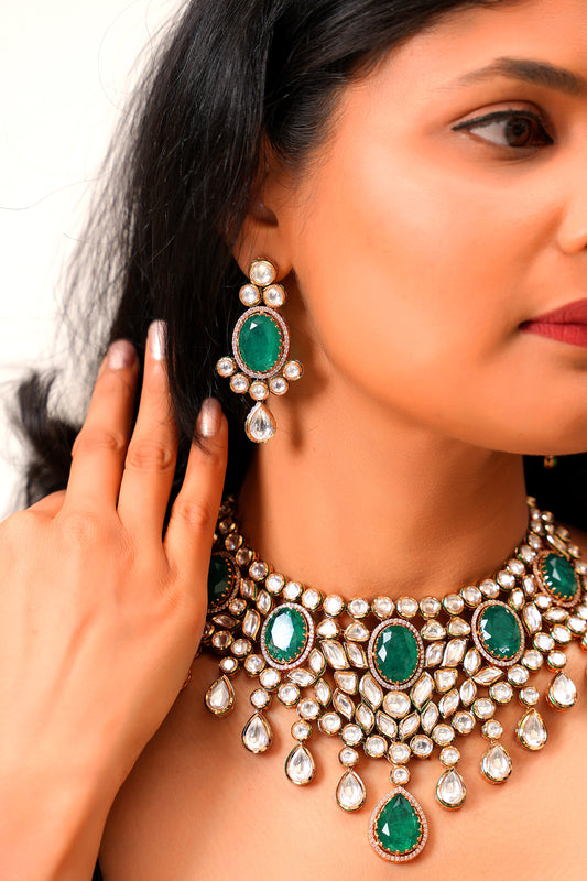 Emerald Polki Choker Necklace Set with Maang Tikka (Set of 3)