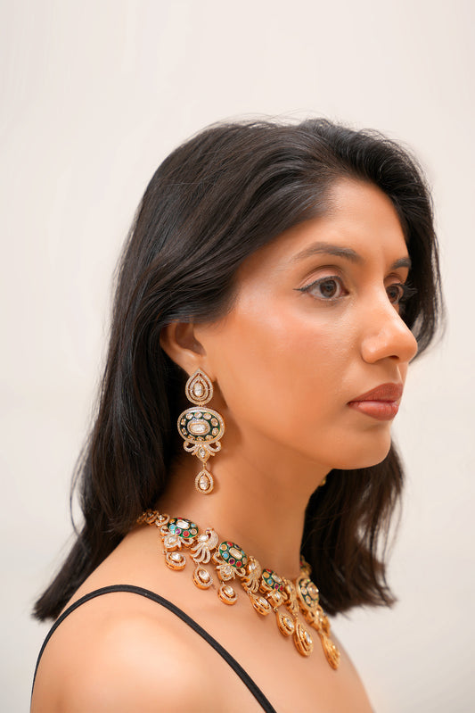 22K Rose Gold Navratan Moissanite Polki & American Diamond Drop Necklace & Earring Set — Bridal (Set of 2)