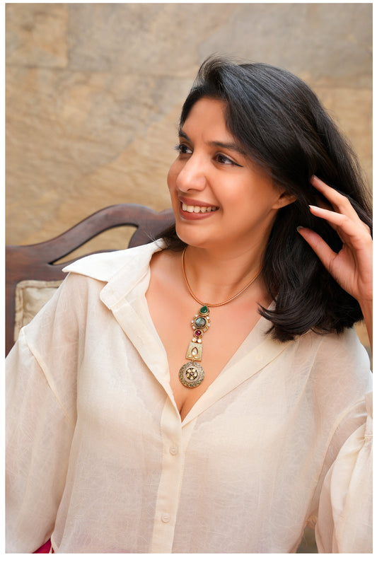 Imperial Labradorite & Enamel Hasli – Handcrafted Multi-Gemstone Statement Necklace with Thewa-Inspired Art