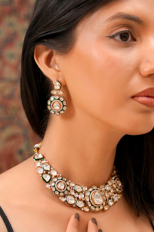 22K Gold Moissanite Polki & Deep Forest Green Enamel Collar Choker & Drop Earring Set (Set of 2)