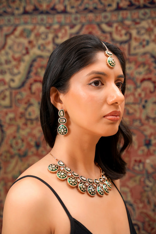 22K Gold Finish Moissanite Polki and Green Meenakari Bridal Necklace Set with Maang Tikka — Mughal (Set of 3)