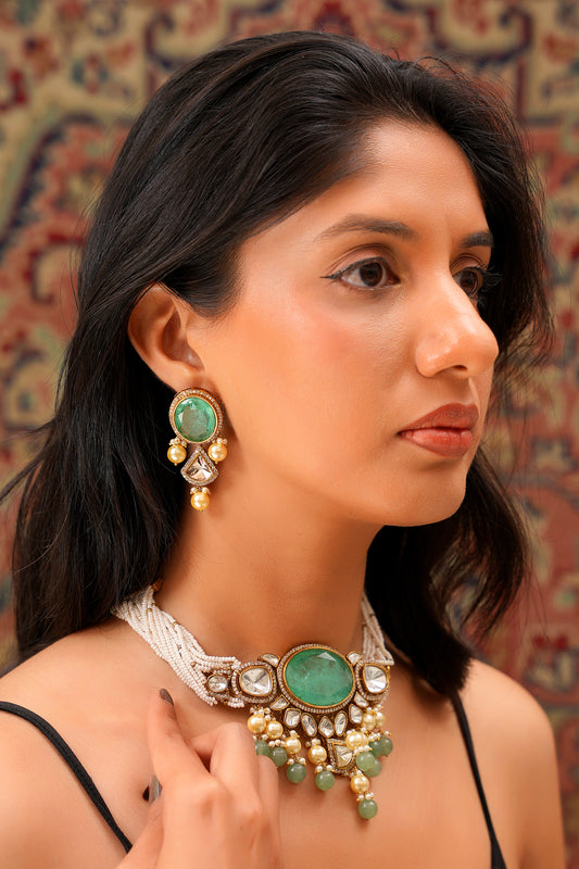 22K Gold-Finish Emerald-Green Agate Cabochon, Moissanite Polki & Seed Pearl Choker with Polki Earring (Set of 2)