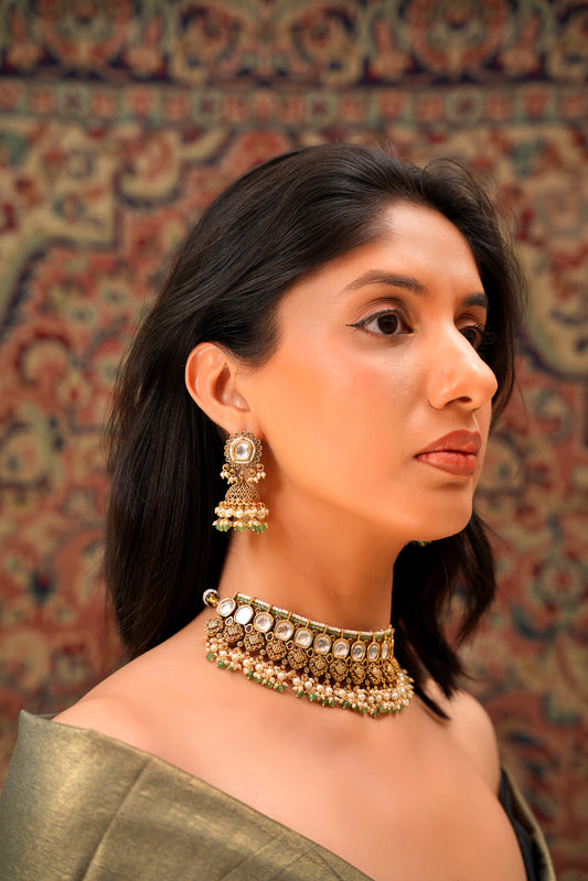 Antique 22K GoldFinish Moissanite Polki Choker with Pearl & Emerald-Green Agate Bead Jhumka Set — Bridal and Statement (Set of 2)