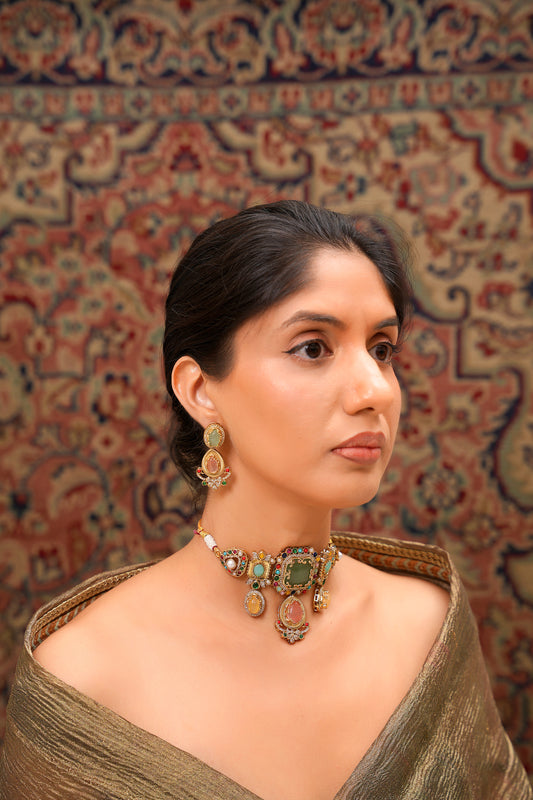 22K Gold-Finish Navratan, Cabochon, & American Diamond Statement Choker & Earring Set (Set of 2)