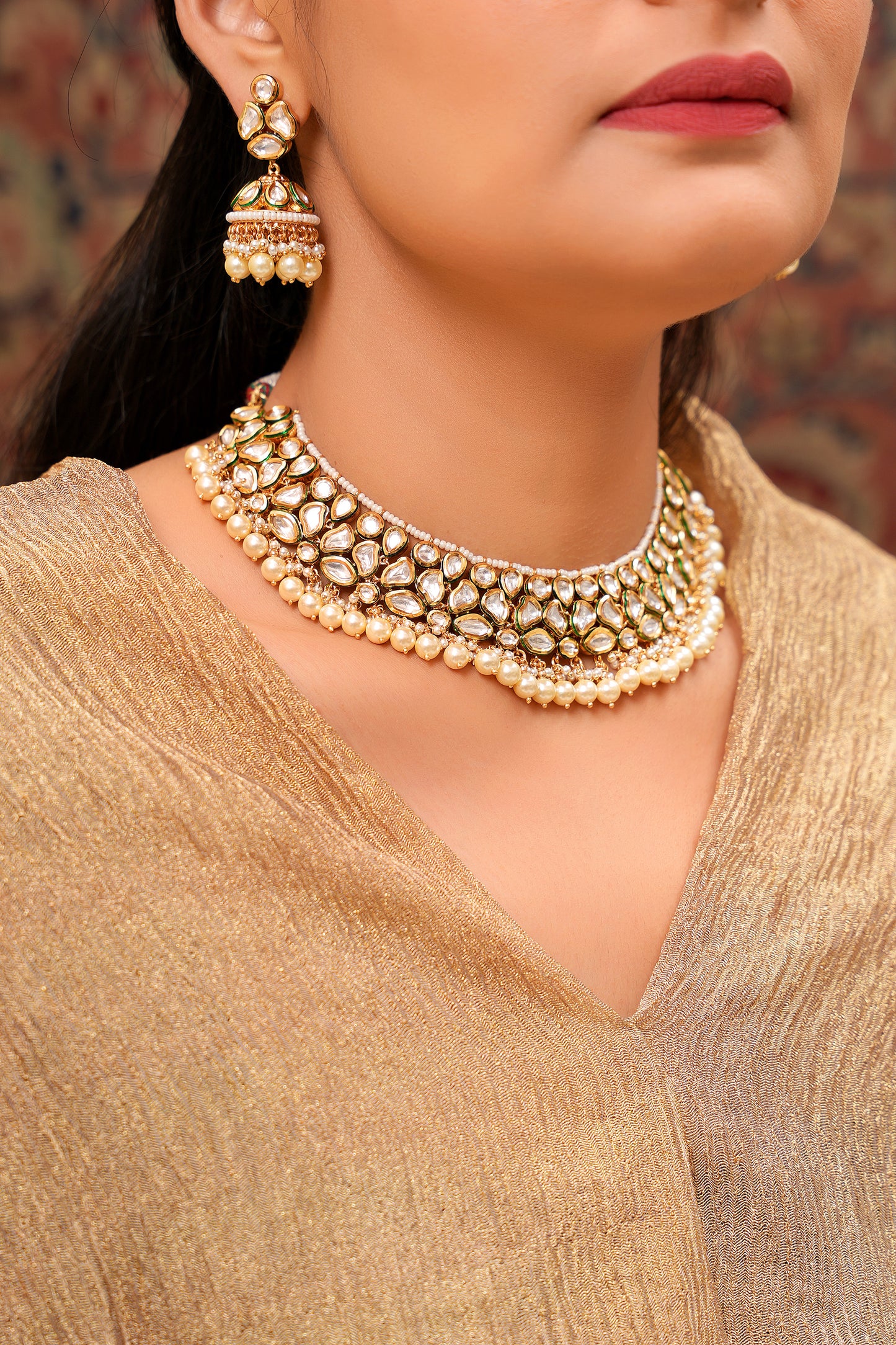 22K Gold-Finish Moissanite Polki Pearl Bridal Choker & Jhumka Earring Set — Rajasthani (Set of 2)
