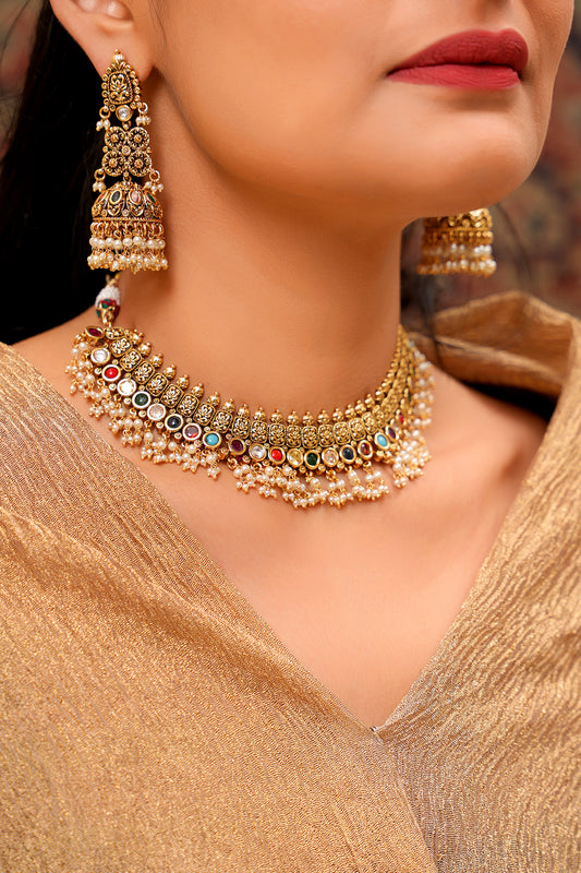 22K Gold-Finish Navratan Choker with Pearl Drops & Jhumka Earrings (Set of 2)