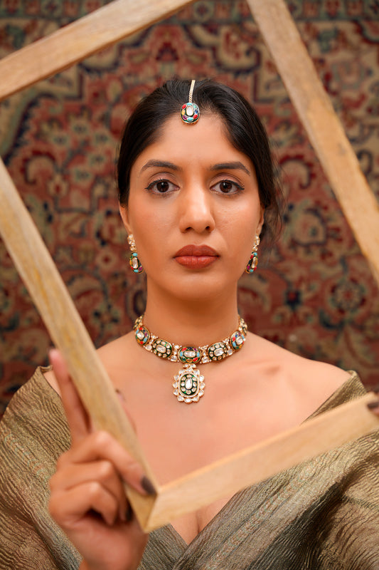22K Gold-Finish Navratan Moissanite Polki Pendant Necklace Set with Deep Forest Green Meenakari and Maang Tikka