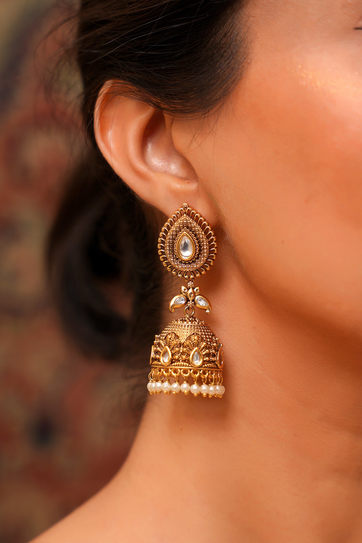 Antique Gold Polki Jhumka Earrings with Pearl Drops — Traditional South Indian Jewellery