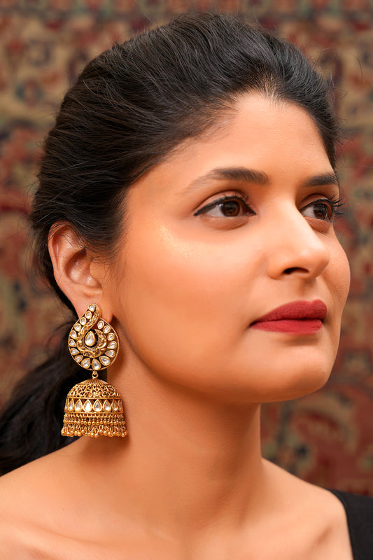 22K Antique Gold Moissanite Polkii Peacock Filigree Jhumka Earrings