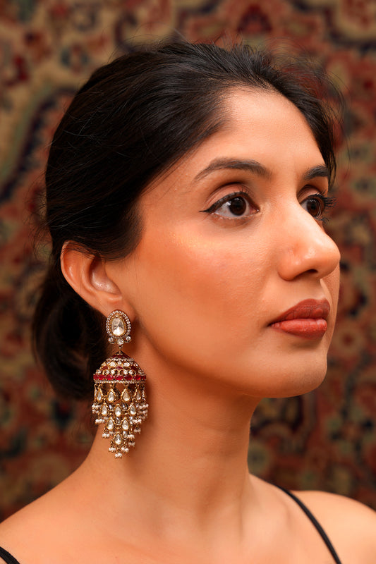 Gold-Plated Moissanite Polki & Red Ruby-Toned Chandelier Jhumka Earrings — Mughal Festive
