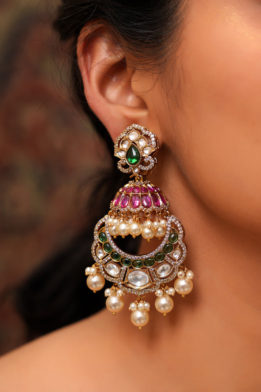 Moissanite Polki Chandbali Earrings with Ruby, Emerald and Pearl Drops — Mughal Heritage