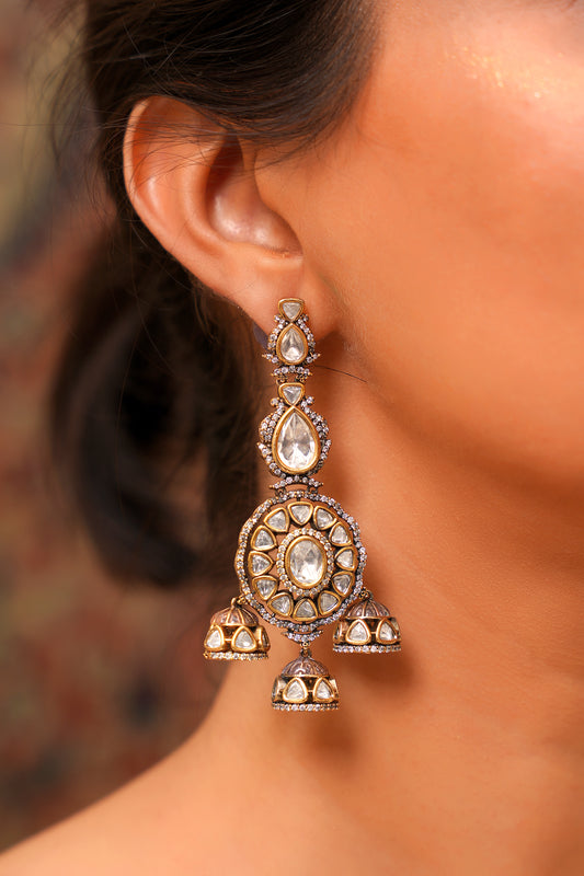 Victorian Two-Tone Moissanite Polki & American Diamond Triple Jhumka Chandelier Earrings: Gunmetal & Gold Foliate Drops