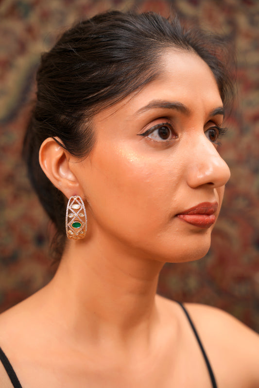 Emerald-Green Agate & American Diamond Jali Hoop Earrings in 22K Gold Finish