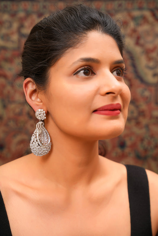 Statement American Diamond Chandelier Drop Earrings in Silver Finish — Bridal Crystal Dangle Earrings