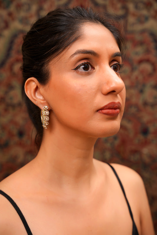 22K Gold Finish Jadau Moissanite Polki Bali Hoop Earrings with Pearl Drops and Blue Meenakari — Rajasthani Festive