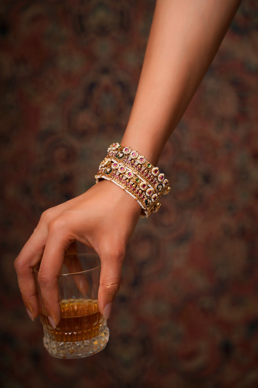 Moissanite Polki and Ruby-Emerald Rajwadi Kada in 22 Karat Gold-Plating with Seed Pearl Edging — Rajwada Statement Jewellery