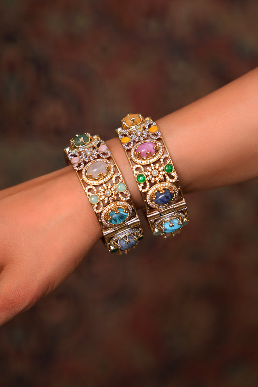 Multistone Jadau Kada Bangles in 22 Karat Gold Plating (Set of 2) — Maximalist Heritage