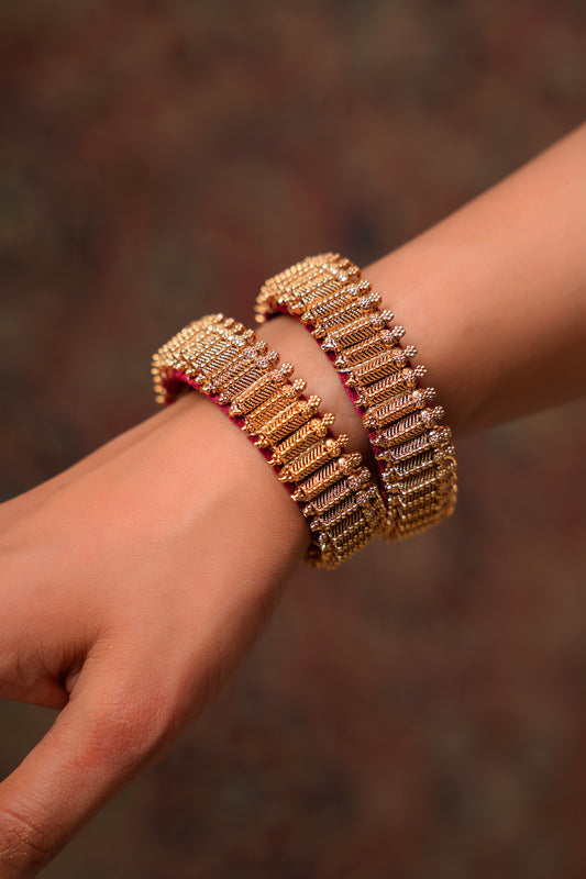 Antique Gold Textured Link Bangle Set on Fuchsia Thread (Set of 2) — Temple-Inspired