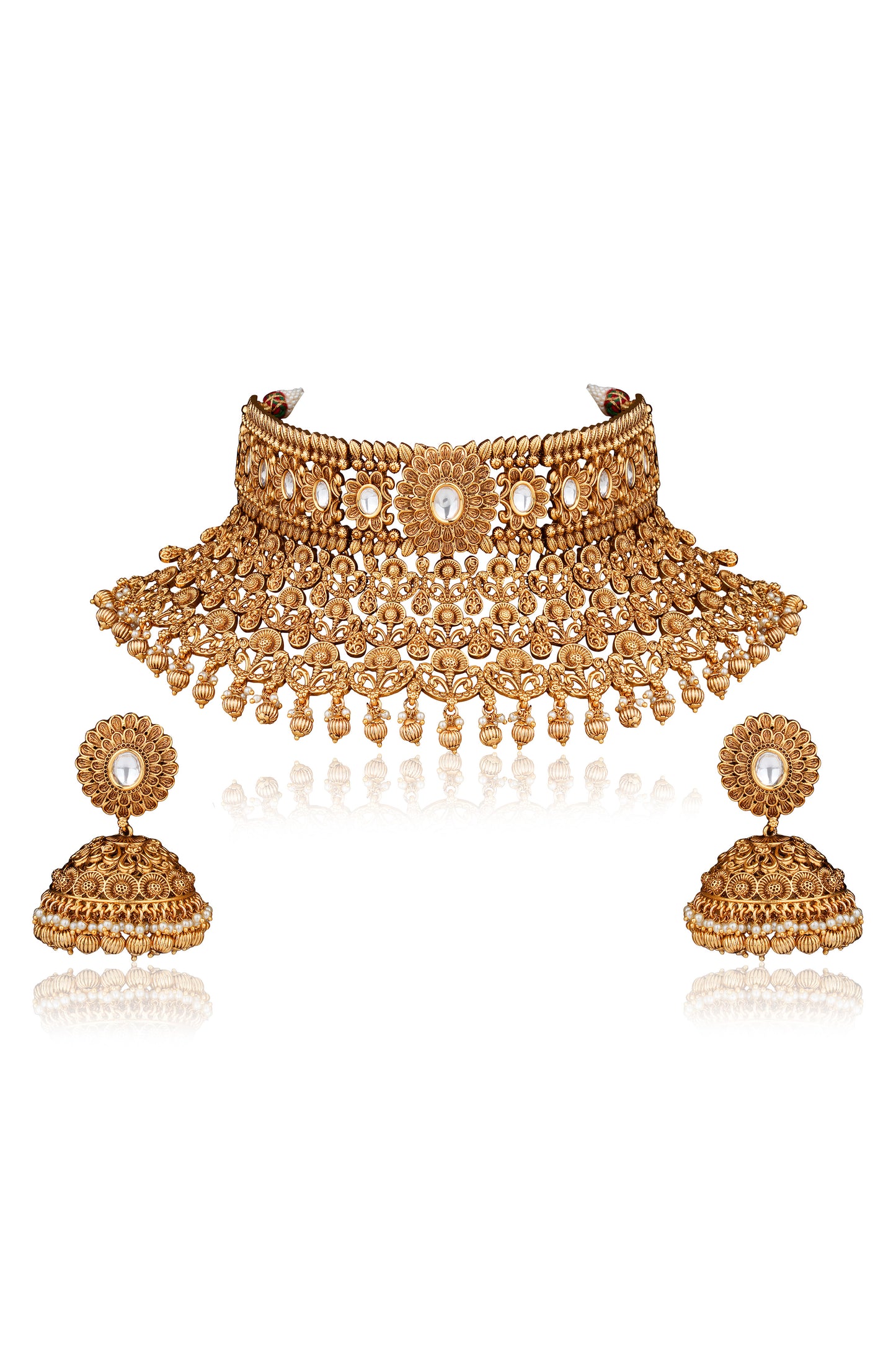 22K Antique Gold Filigree Floral Bridal Choker Set with Maang Tikka — Artisan Statement (Set of 3)