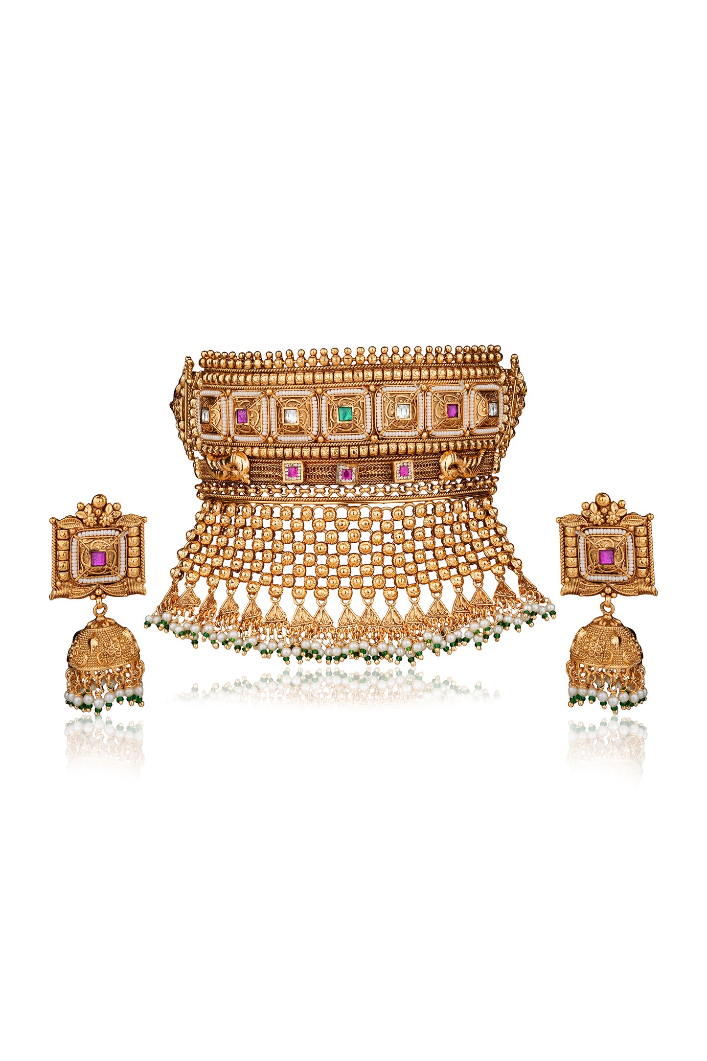Antique Gold Square Motif Bridal Choker & Jhumka Set with Maang Tikka (Set of 3)