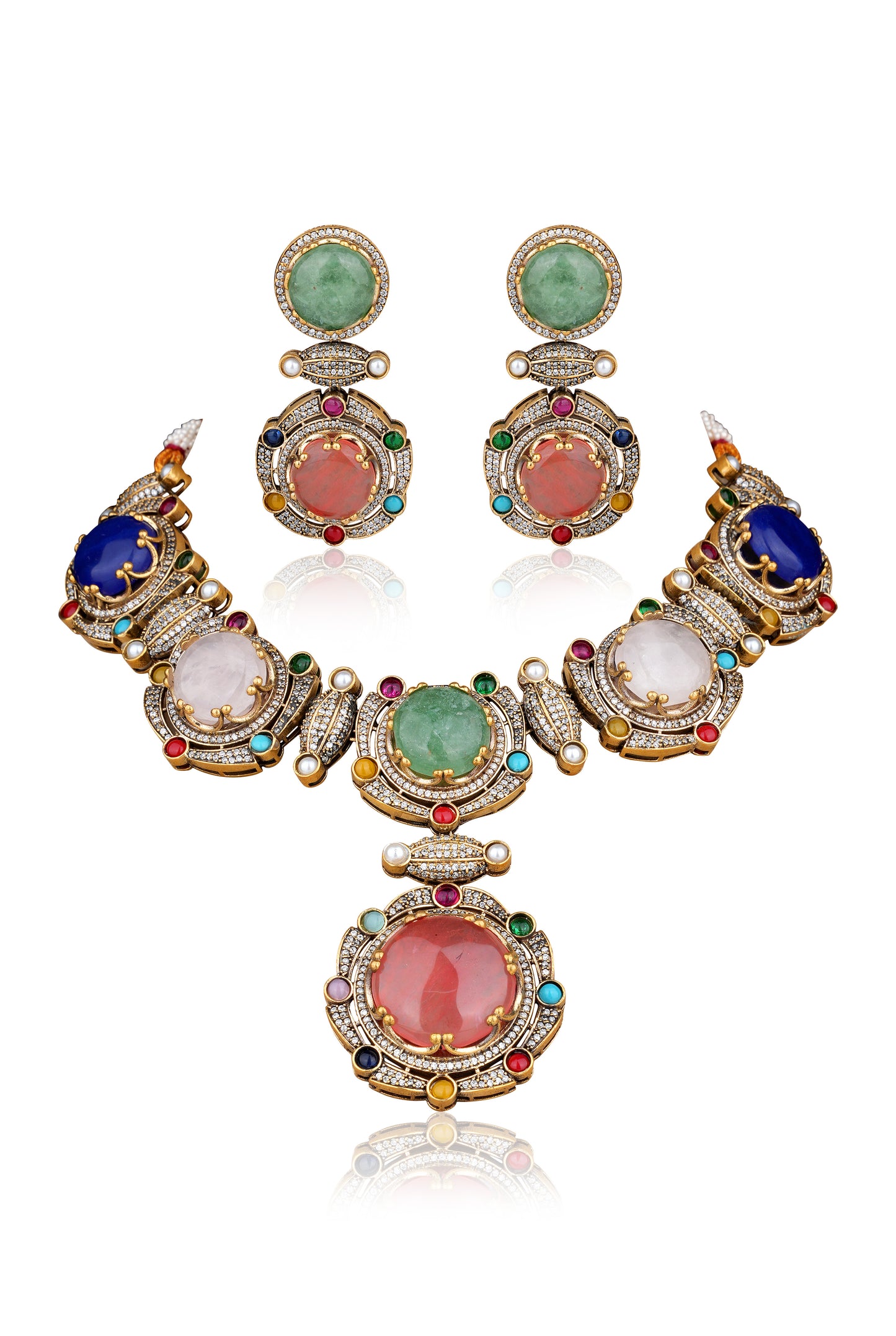 Large Multistone Cabochon Haar Necklace Set in 22 Karat Gold Plating (Set of 2)