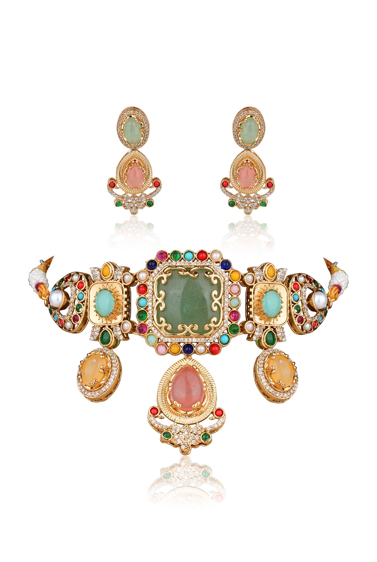 22K Gold-Finish Navratan, Cabochon, & American Diamond Statement Choker & Earring Set (Set of 2)