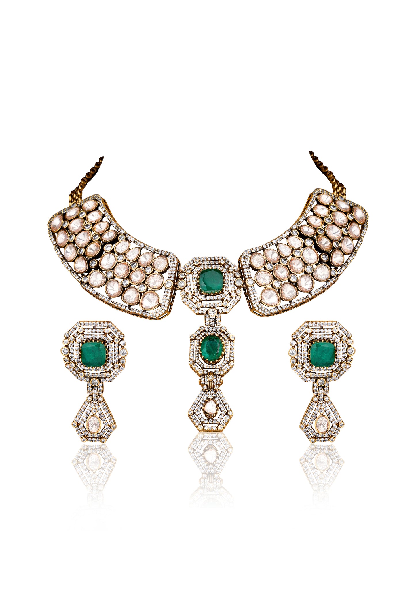 Two-Tone Art Deco Emerald-Green Agate & Moissanite Polki Peter Pan Collar Necklace Set with Geometric Drop Earrings (Set of 2)