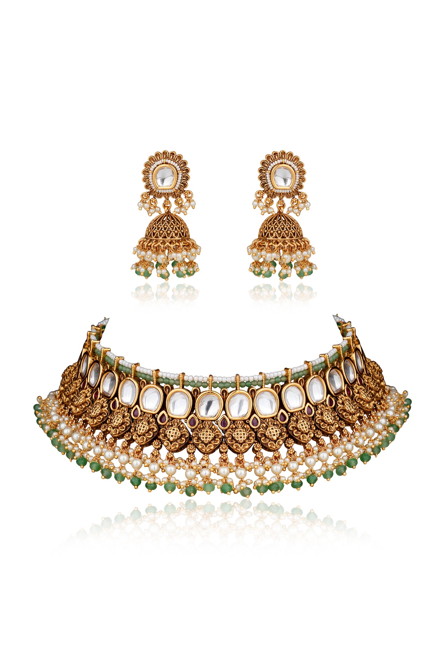 Antique 22K GoldFinish Moissanite Polki Choker with Pearl & Emerald-Green Agate Bead Jhumka Set — Bridal and Statement (Set of 2)
