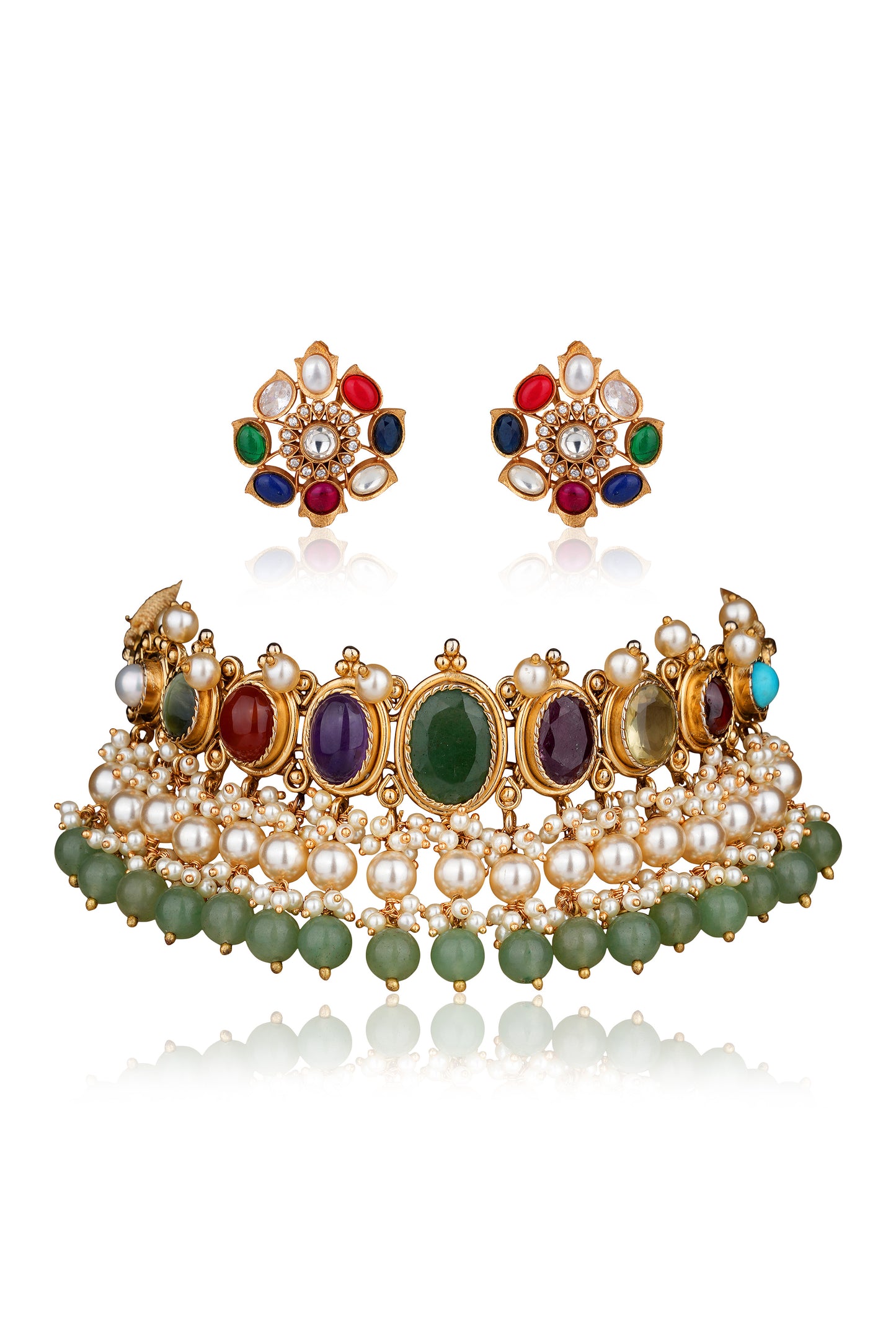 22K Gold-Finish Navratan Cabochon Choker Set with Pearl, Jade Bead Drops, and Navratan Stud Earrings