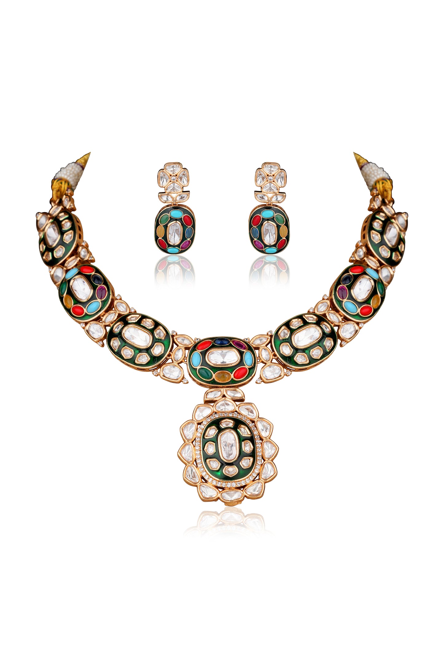 22K Gold-Finish Navratan Moissanite Polki Pendant Necklace Set with Deep Forest Green Meenakari and Maang Tikka
