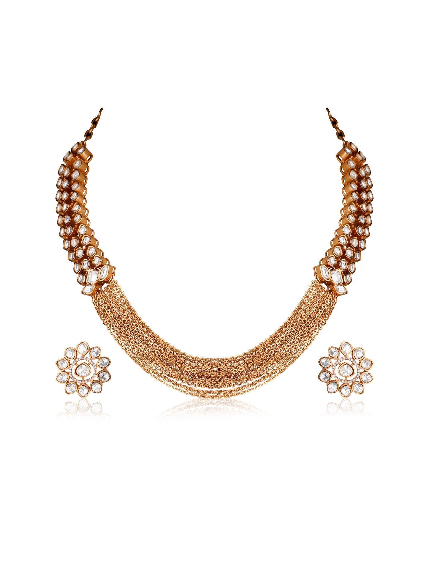 Art Deco 22K Gold Moissanite Polki Multi-Strand Tassel Necklace & Stud Earring Set — Festive Contemporary (Set of 2)