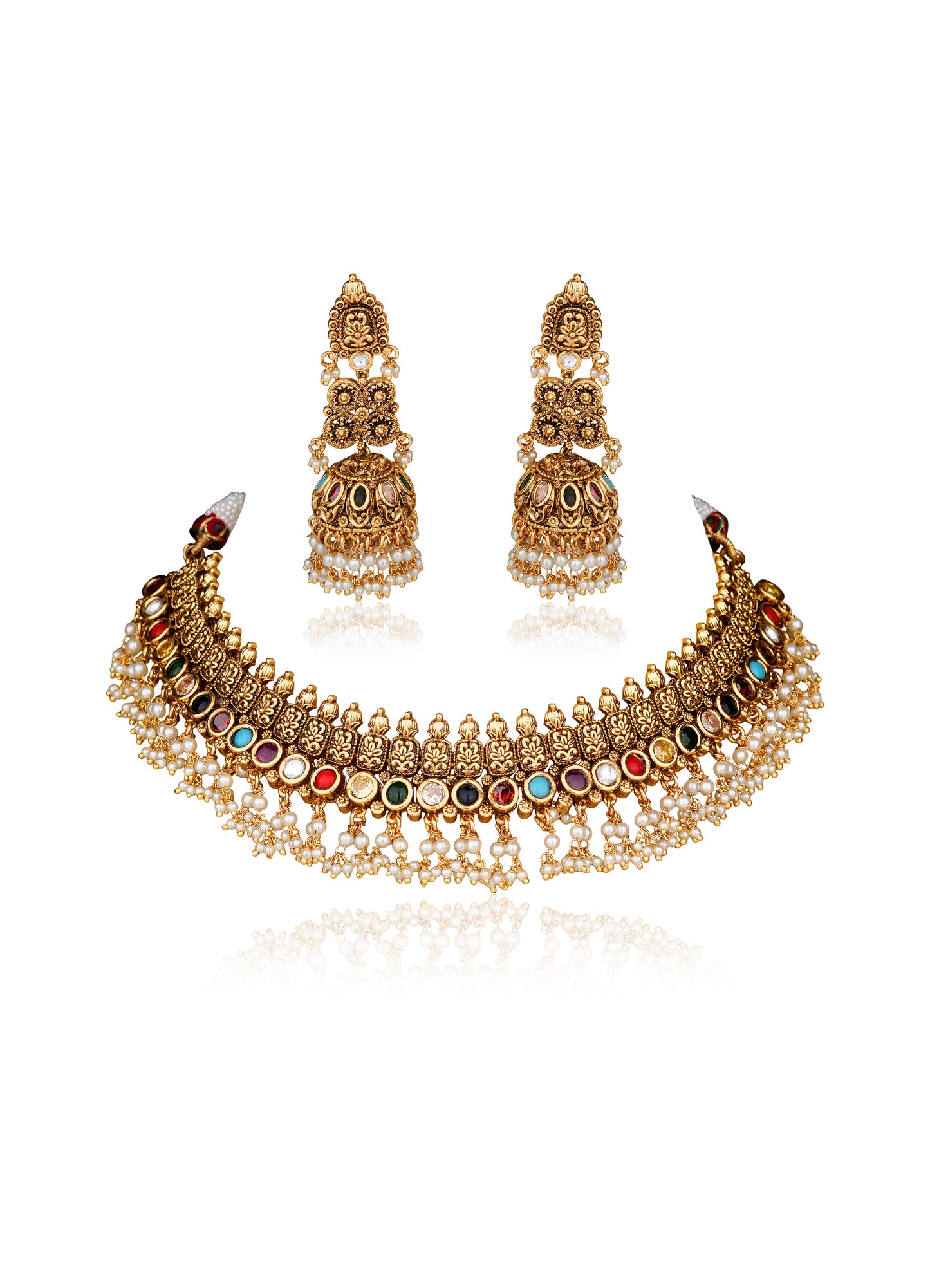 22K Gold-Finish Navratan Choker with Pearl Drops & Jhumka Earrings (Set of 2)