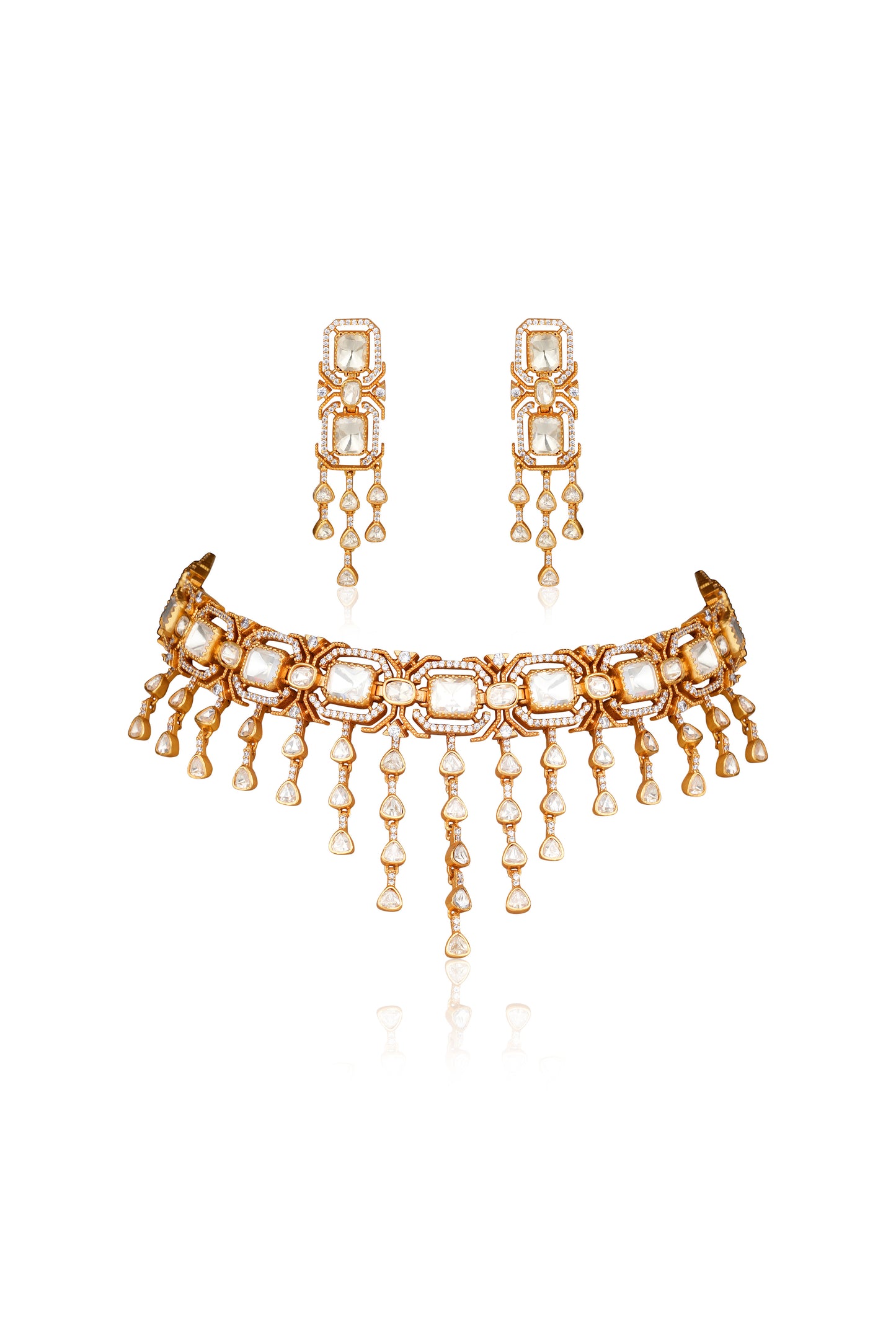 Jaipur Jadau Moissanite Polki & American Diamond Choker Set — Art Deco Bridal (Set of 2)