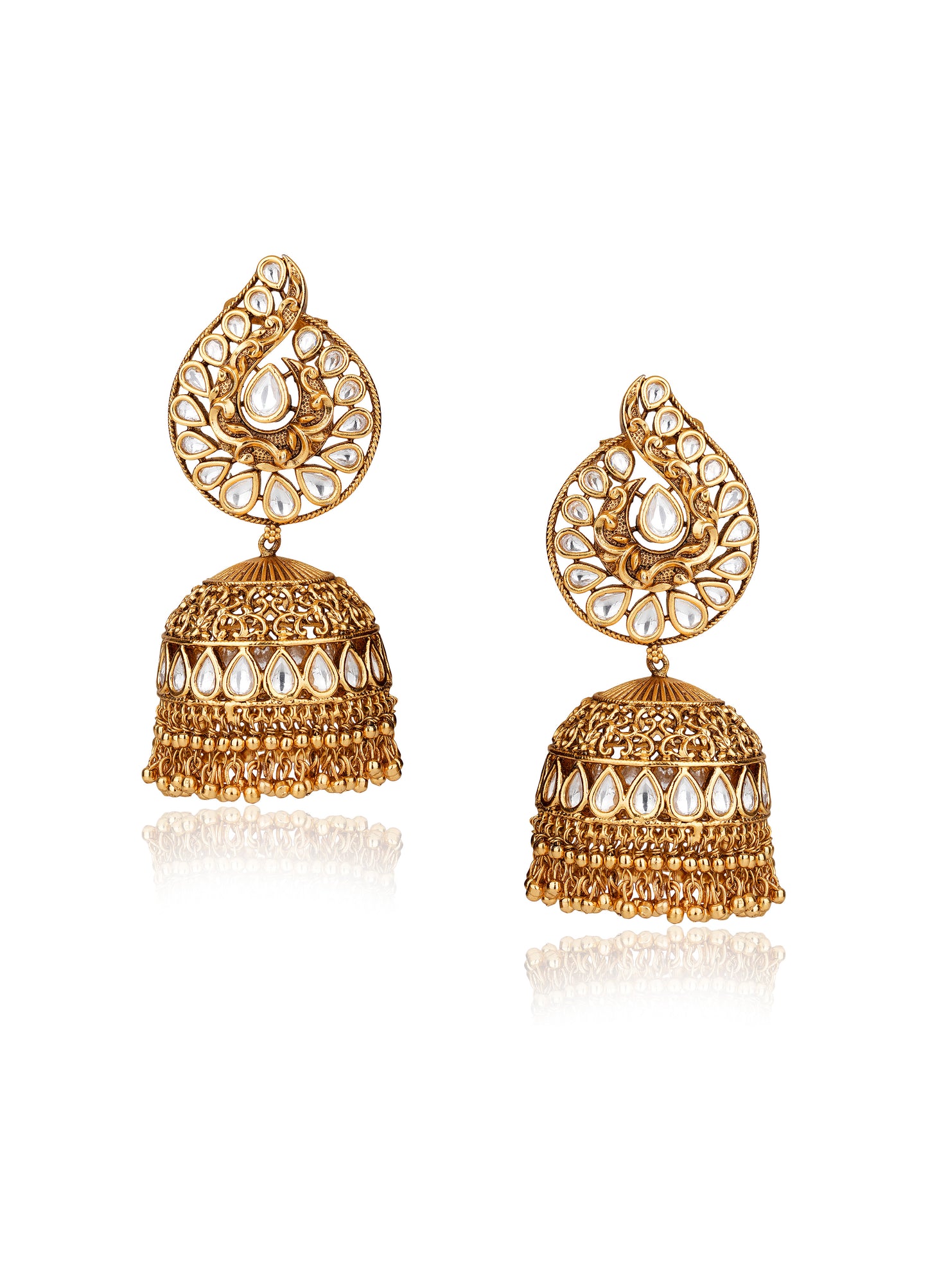 22K Antique Gold Moissanite Polkii Peacock Filigree Jhumka Earrings