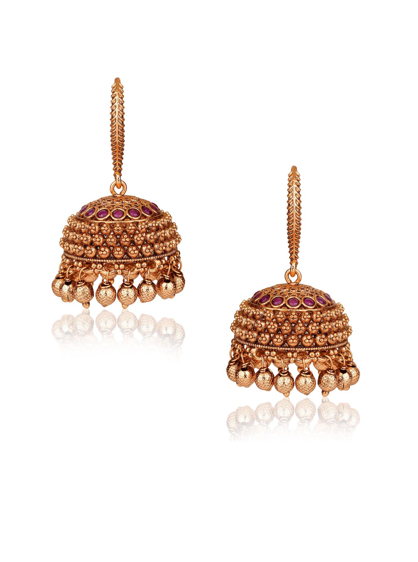 Antique Gold Granulated Jhumka Earrings with Ruby Accents and Ghunghroo — Temple Style