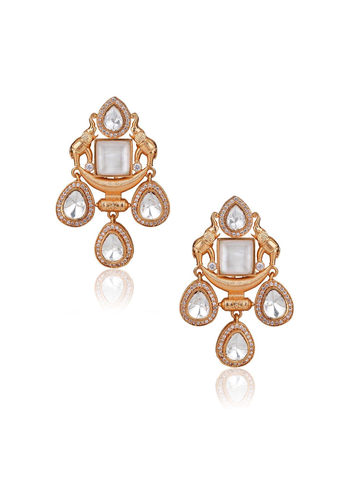 Gold-Plated Mother-of-Pearl & Moissanite Polki Elephant Drop Chandelier Earrings — Statement Occasion Jewellery