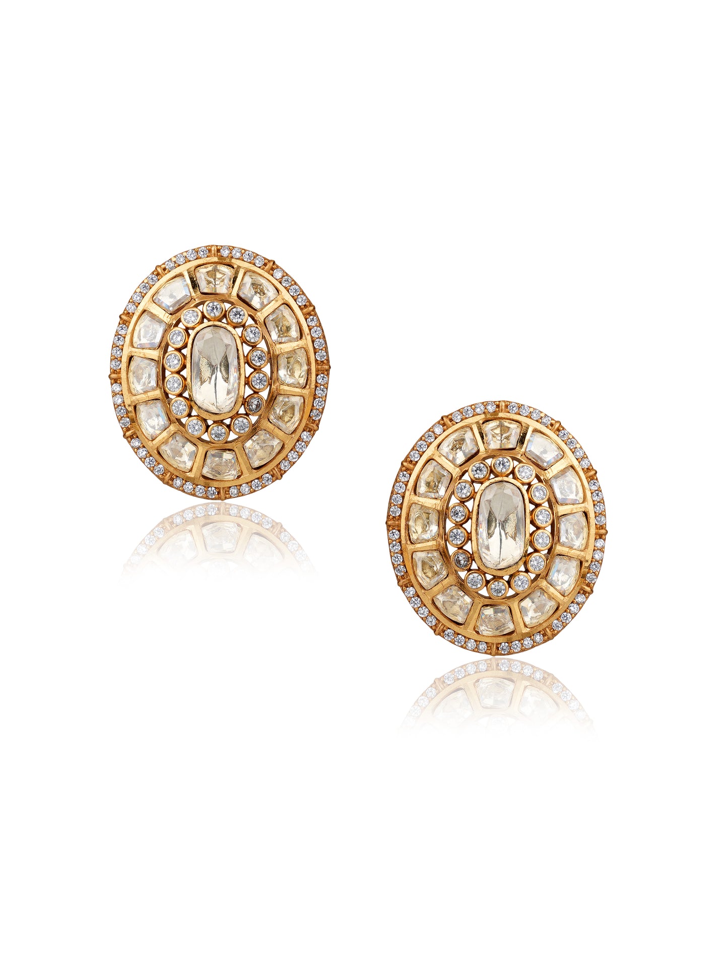 Gold-Plated Moissanite Polki Oval Disc Stud Earrings — Mughal Heirloom Statement