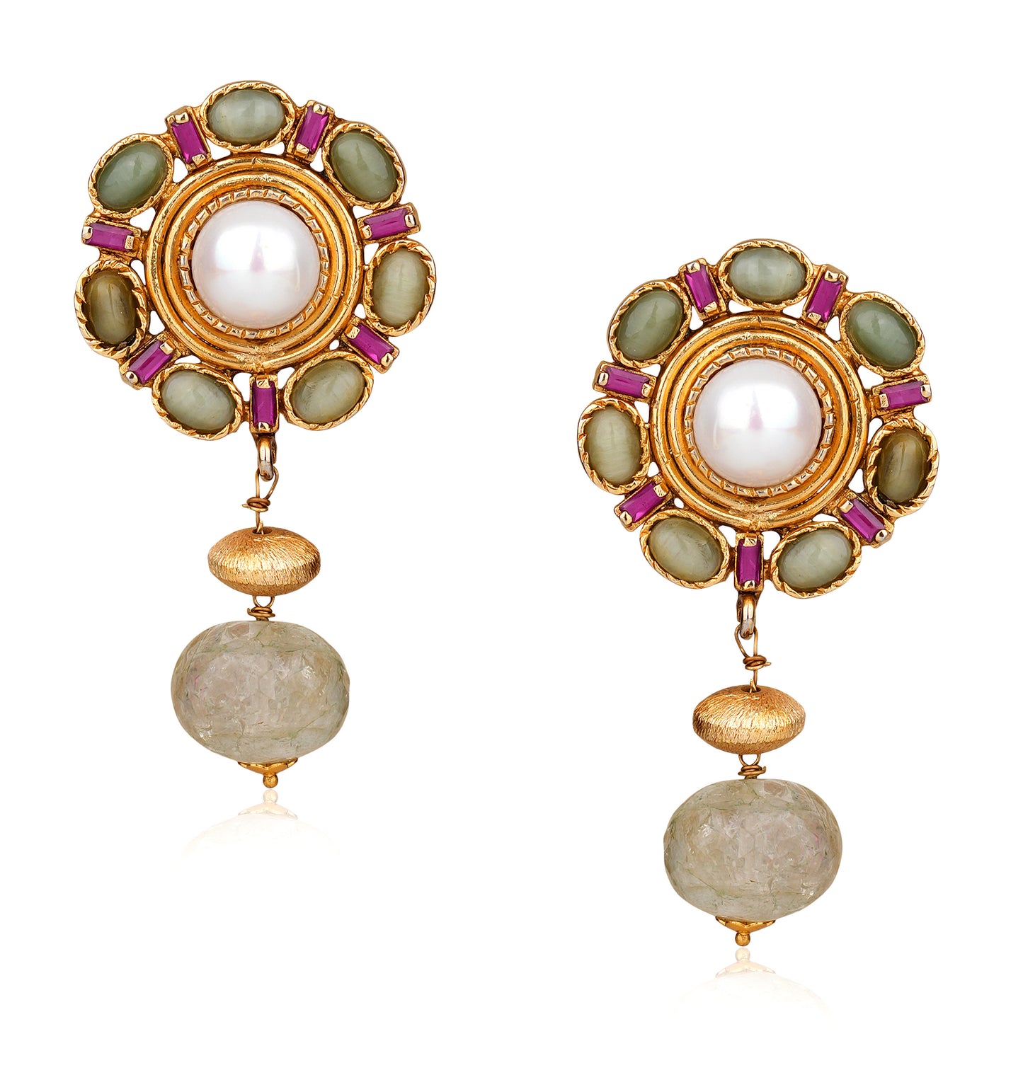 Pearl & Cabochon Cluster Stud Drop Earrings in 22K Gold Finish