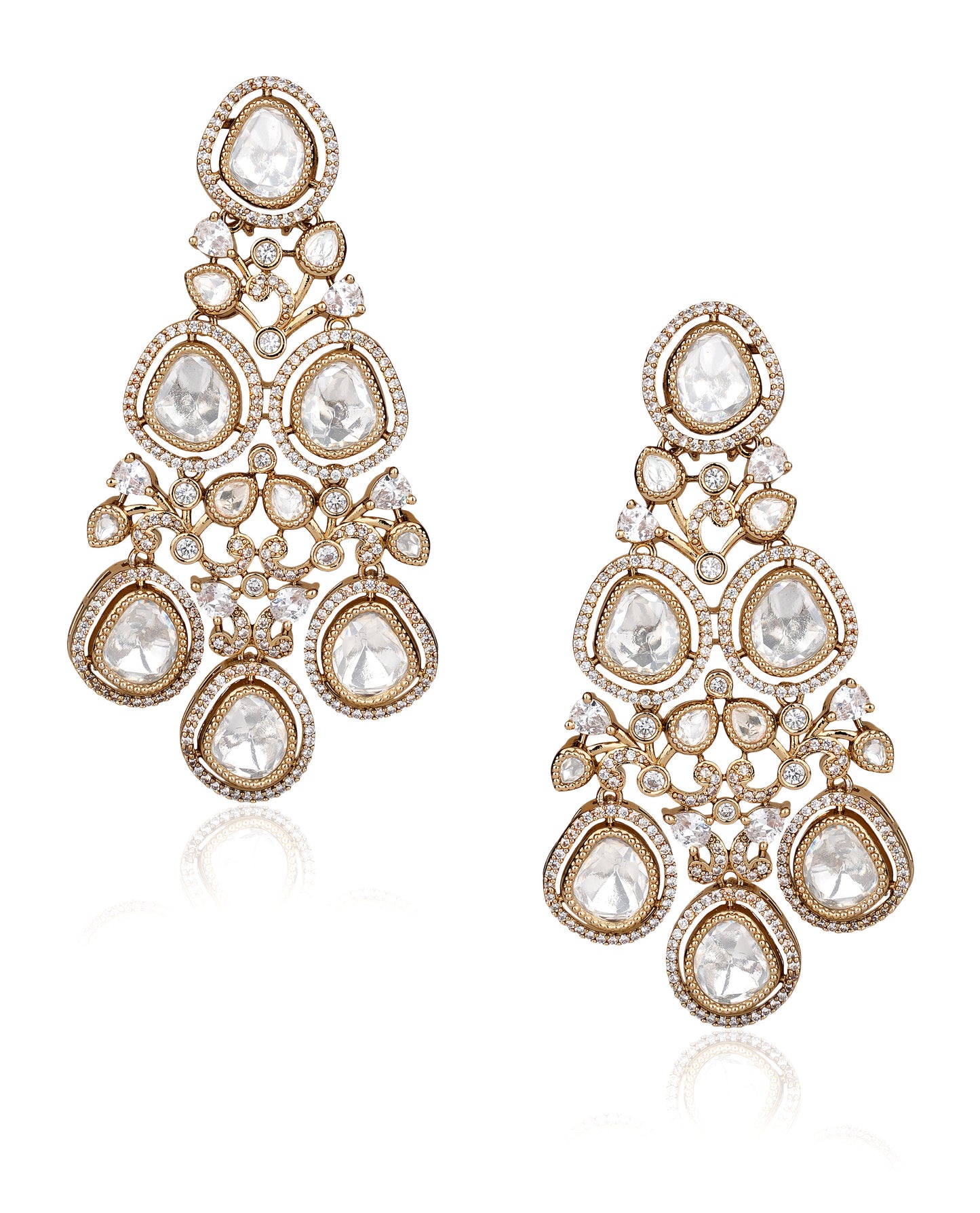 Grand Polki and American Diamond Chandelier Drop Earrings in 22 Karat Gold Finish