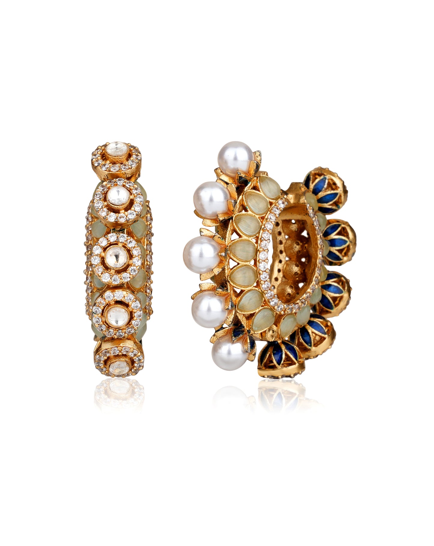 22K Gold Finish Jadau Moissanite Polki Bali Hoop Earrings with Pearl Drops and Blue Meenakari — Rajasthani Festive