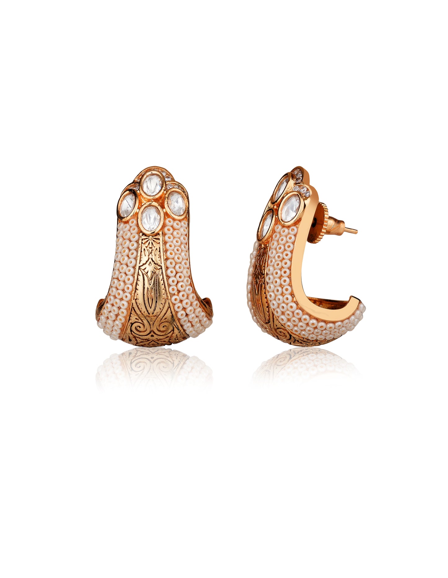 Gold-Finish Seed Pearl Bead Earrings with Moissanite Polki Studded Apex — Contemporary Chic