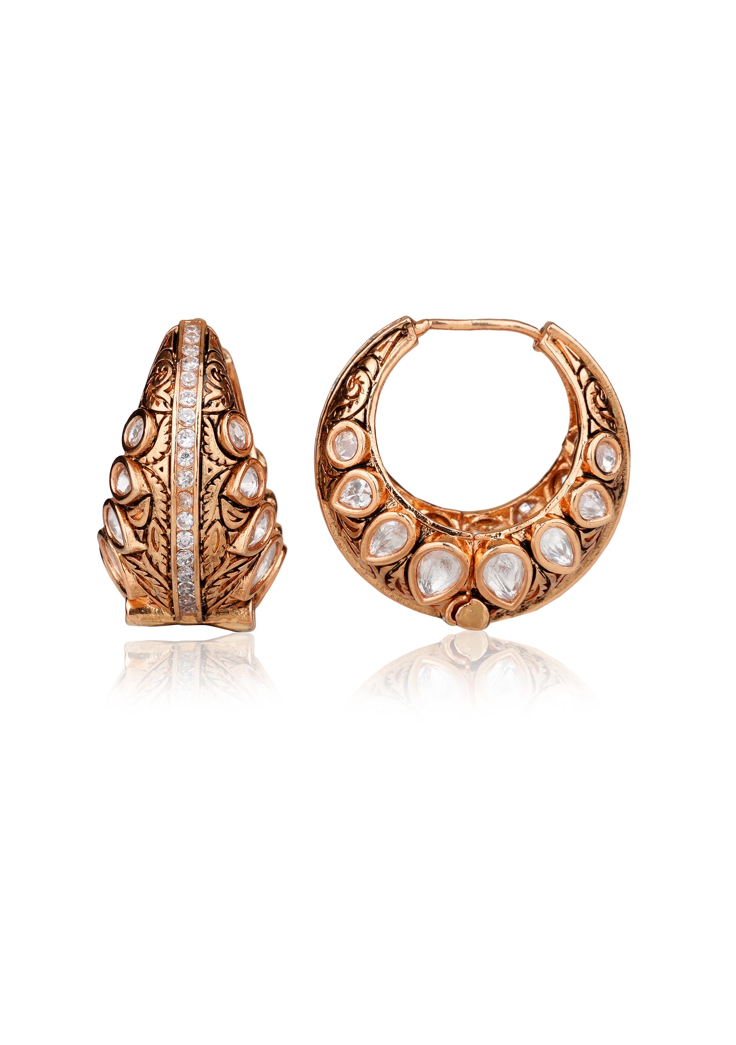 22K Gold-Finish Moissanite Polki & American Diamond Hoop Earrings with Engraved Botanical Forms — Contemporary Chic