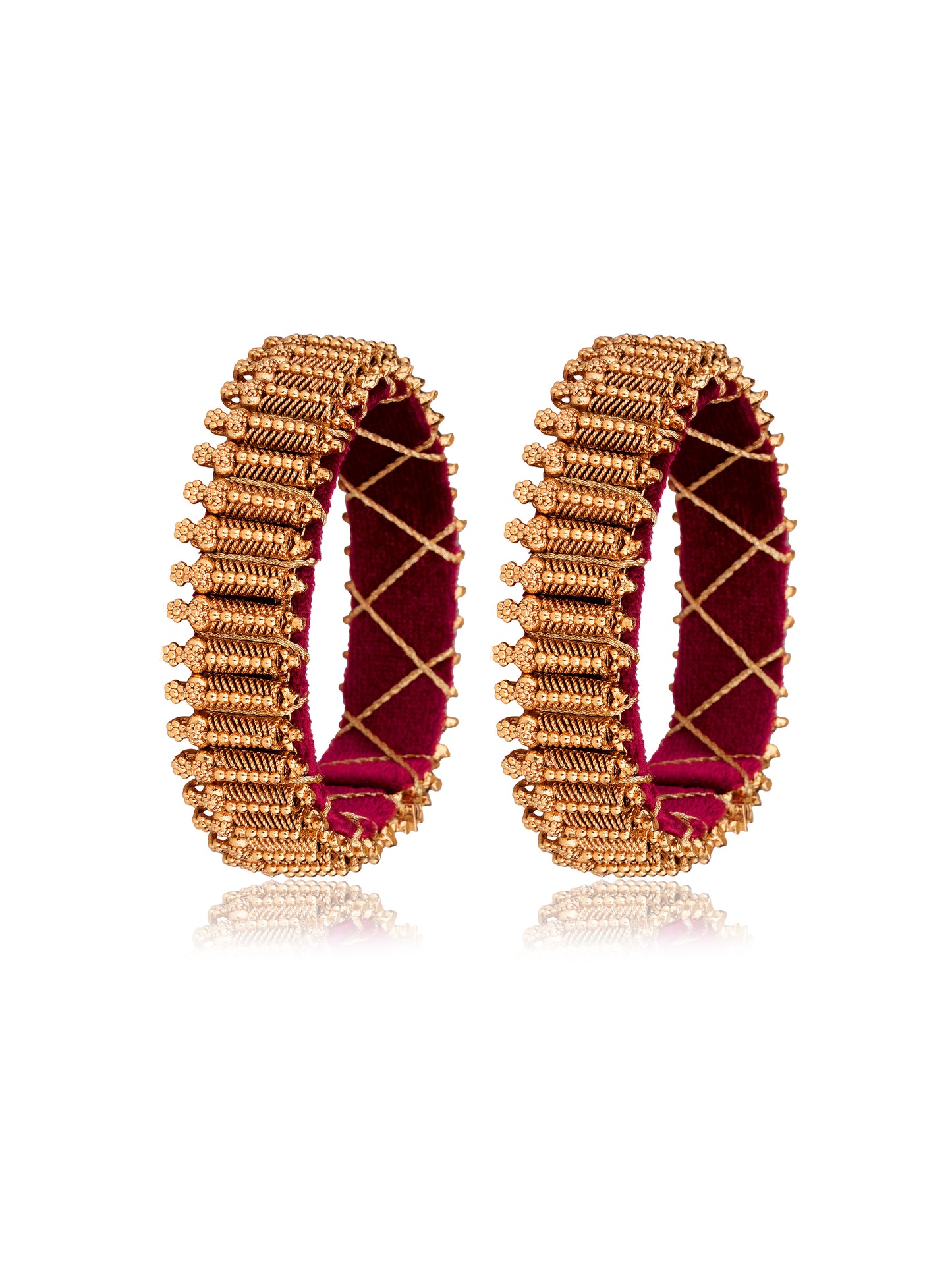 Antique Gold Textured Link Bangle Set on Fuchsia Thread (Set of 2) — Temple-Inspired