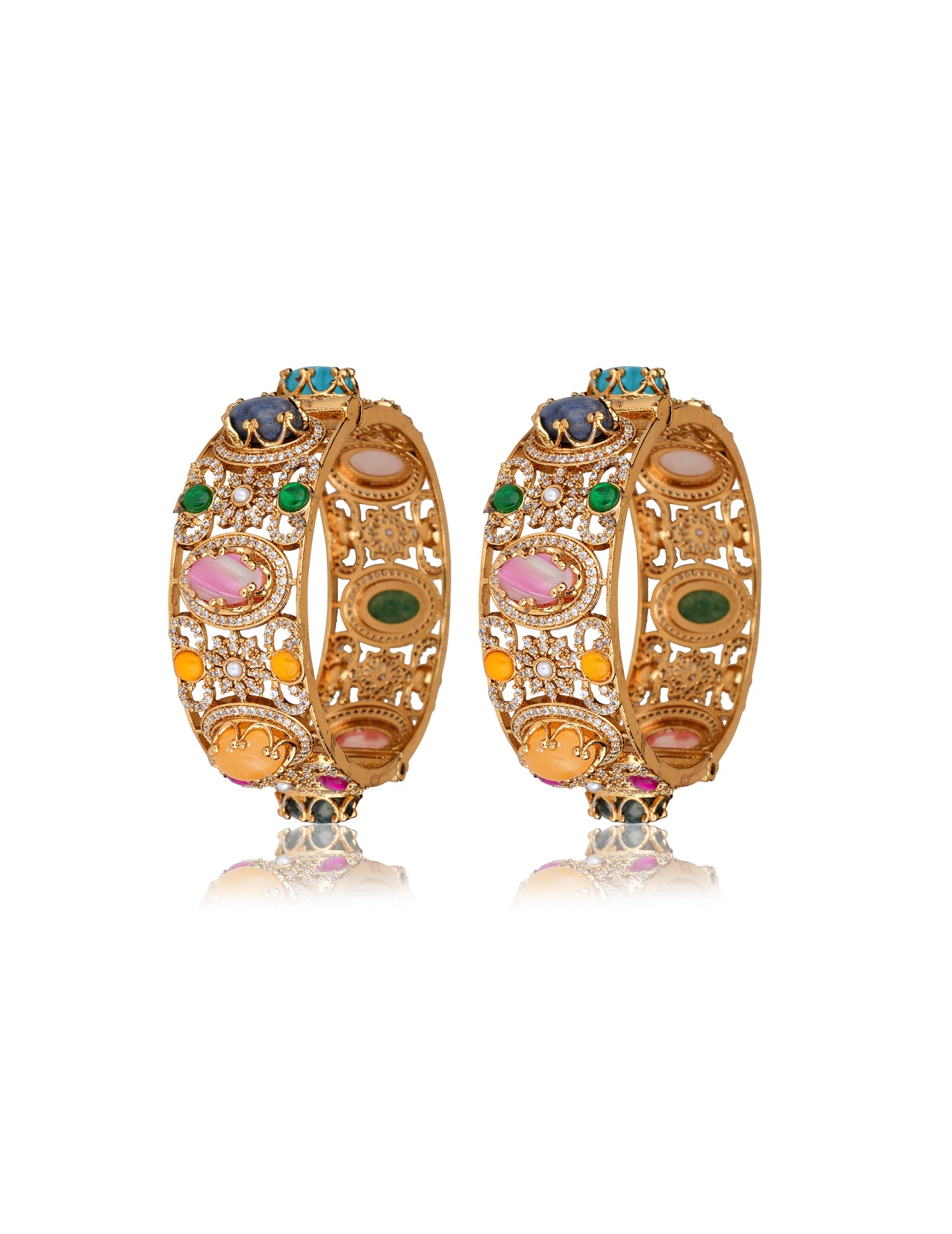 Multistone Jadau Kada Bangles in 22 Karat Gold Plating (Set of 2) — Maximalist Heritage
