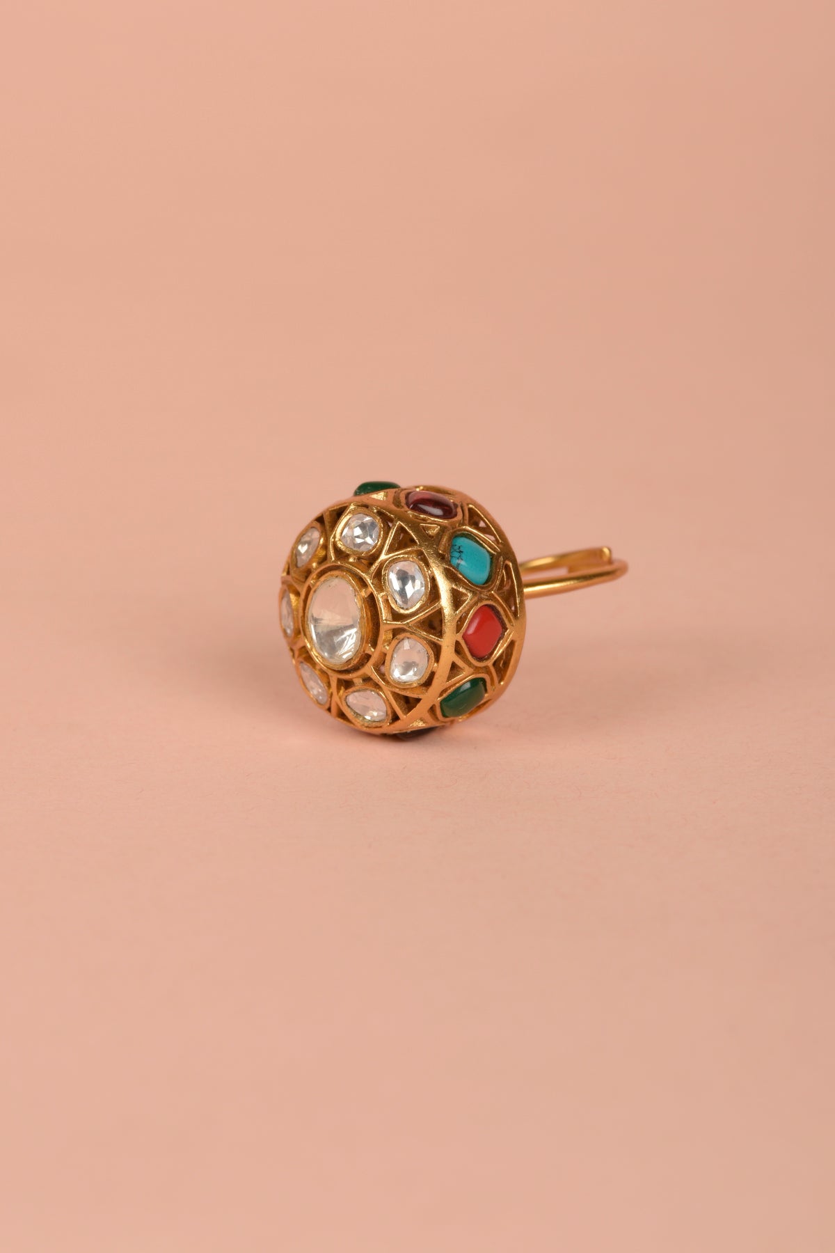 Navratan Celestial Globe – Sculptural Polki & Multi-Gemstone Architectural Dome Ring