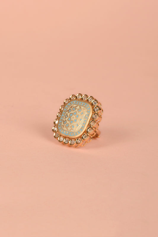 Imperial Turquoise Meenakari Ring – Sculptural Enamel & Polki Halo Cocktail Statement
