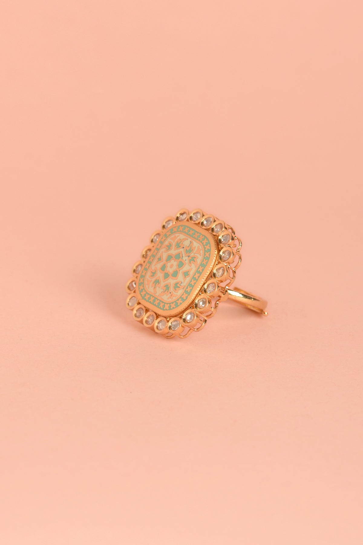 Imperial Turquoise Meenakari Ring – Sculptural Enamel & Polki Halo Cocktail Statement