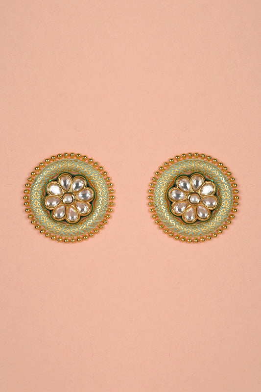 Svarn-Giri Neel-Ambu Mandala | 22kt High-Polish Gold, Sea-Foam Enamel & Polki Statement Stud Earrings