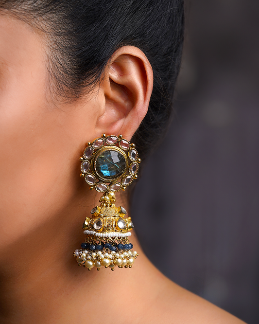 Aura Mystique Jhumkas – Sculptural Labradorescence & Burnished Gold Monumental Drops