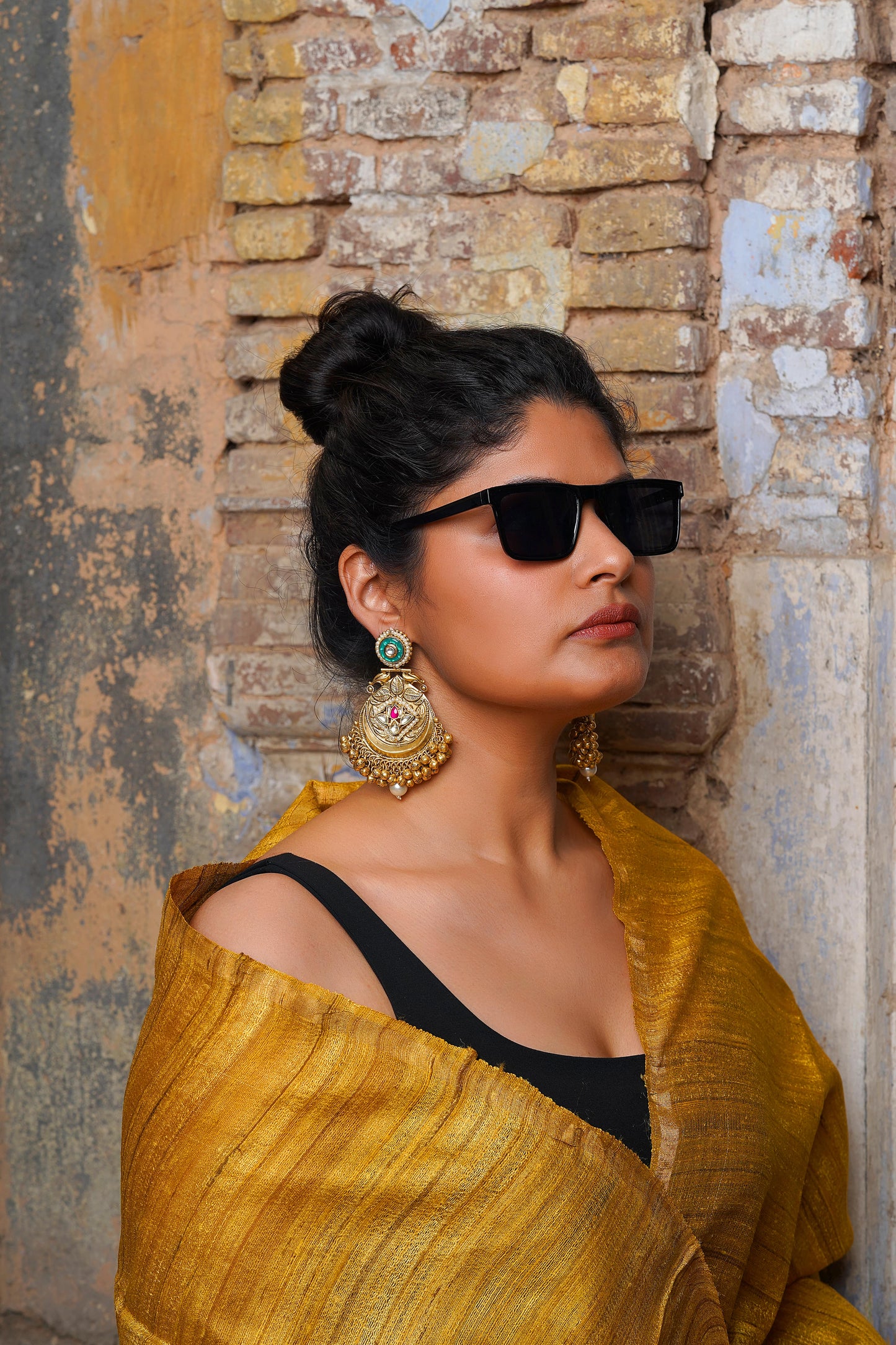 Ancestral Shield Drops – Emerald & Ruby Antique Gold Ghungroo Statement Earrings